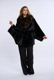 Palton alcantara stil fluture cu blana de vulpe, negru cu vulpe maro