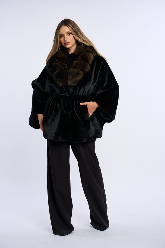 Palton alcantara stil fluture cu blana de vulpe, negru cu vulpe maro