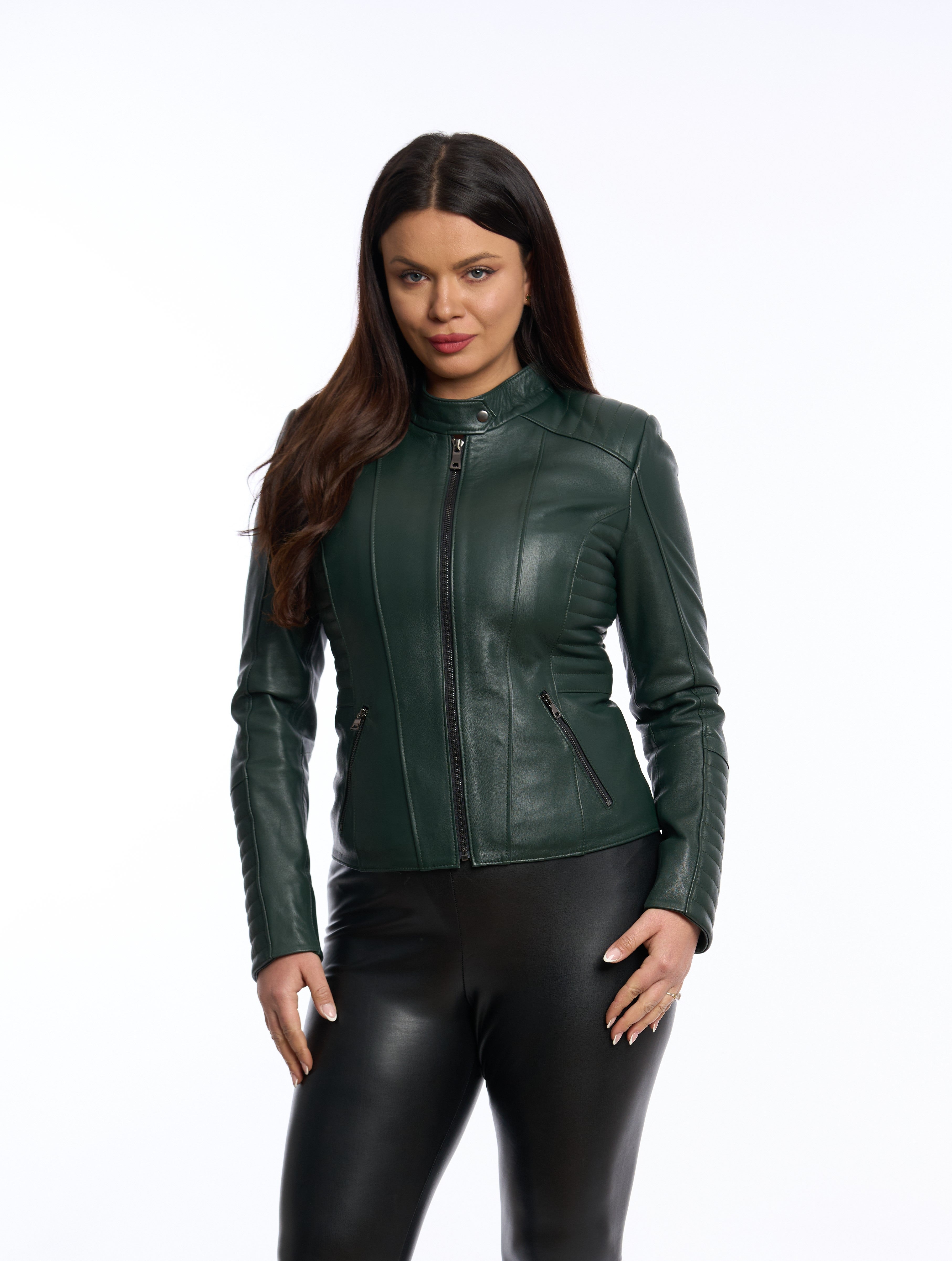 Geaca din piele naturala, matchy, verde