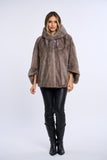 Haina din blana naturala de vizon stil poncho cu gluga, Silver