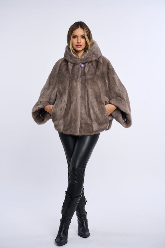 Haina din blana naturala de vizon stil poncho cu gluga, Silver
