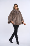 Haina din blana naturala de vizon stil poncho cu gluga, Silver