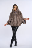 Haina din blana naturala de vizon stil poncho cu gluga, Silver