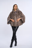 Haina din blana naturala de vizon stil poncho cu gluga, Silver