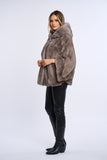 Haina din blana naturala de vizon stil poncho cu gluga, Silver