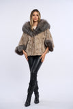 Haina blana naturala de vizon silver, poncho cu vulpe argintie