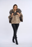 Haina blana naturala de vizon silver, poncho cu vulpe argintie