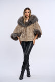 Haina blana naturala de vizon silver, poncho cu vulpe argintie