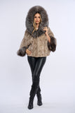 Haina blana naturala de vizon silver, poncho cu vulpe argintie